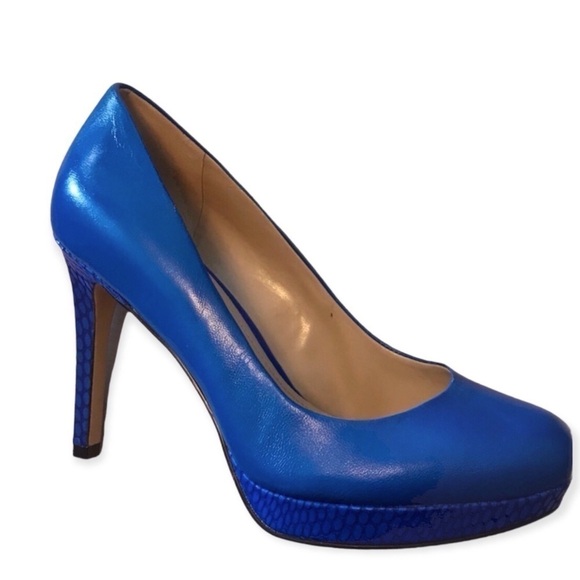 Joan & David Snakeskin Accented Blue Leather Platform Pump - Picture 1 of 10